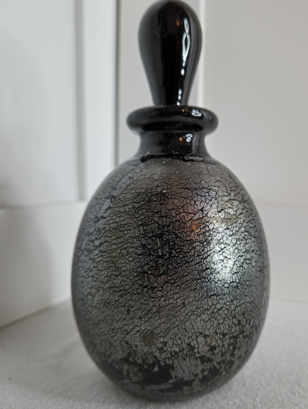 Black and Silver Crackle Glass Decorative Bottle - Glass Art